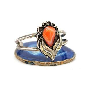 SOL Signed Sterling Silver Orange Banded Agate Navajo Style Cuff Bracelet